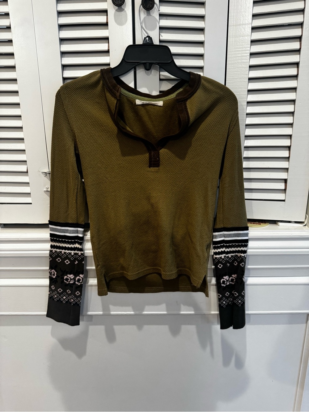 We The Free Olive Green Waffle Henley with Patterned Cuffs